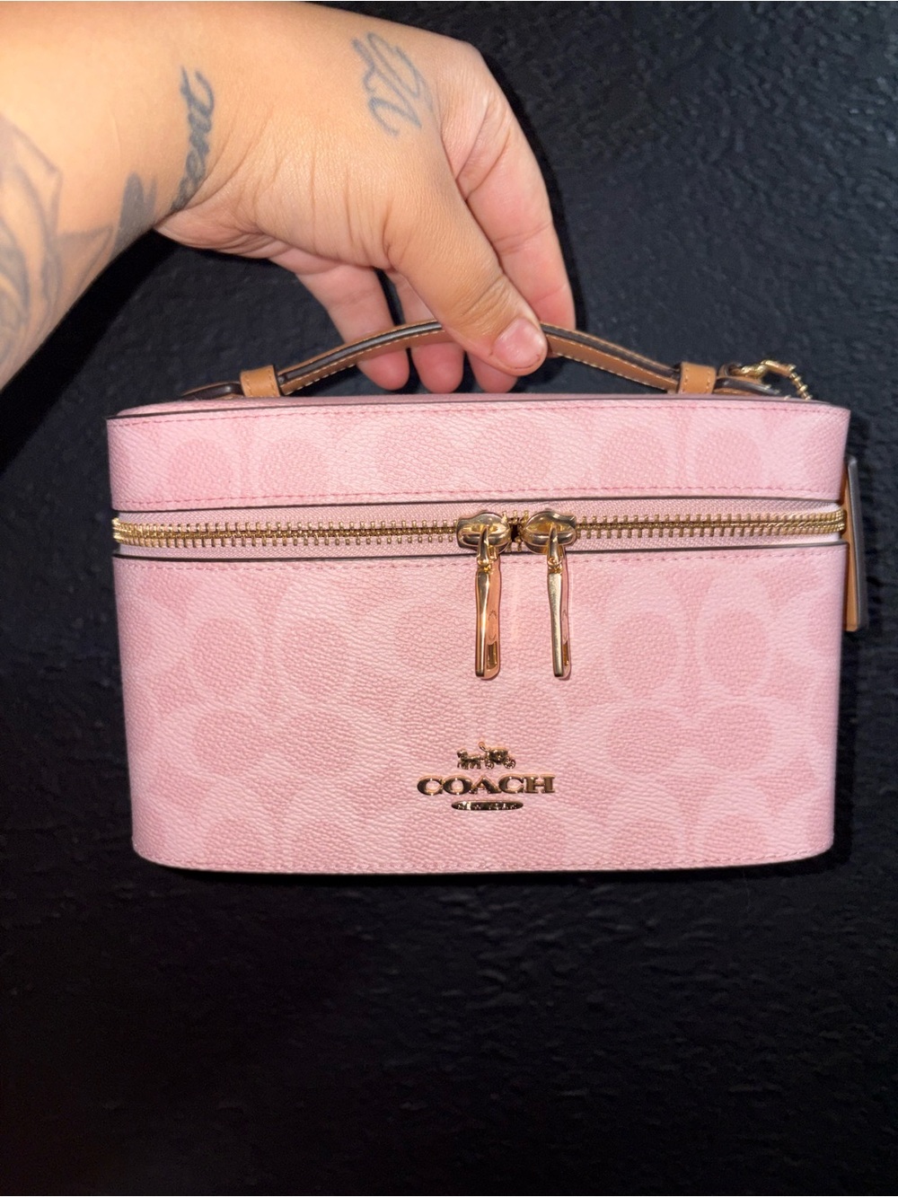 Coach Pink Signature Mini Cosmetic Train Case with Gold Hardware